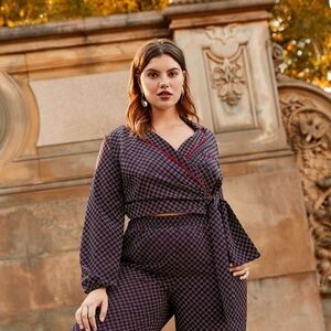 Eloquii Casual Lounge Set Womens Plus 22/26 Navy Geo Wrap Top Wide Leg Pants